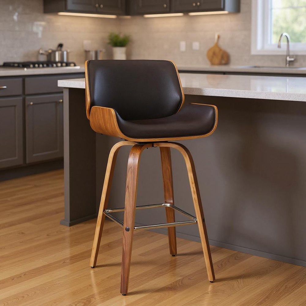 26" Brown Fabric And Solid Wood Low Back Counter Height Swivel Bar Chair HomeRoots