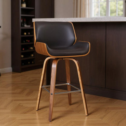 30" Brown Fabric And Solid Wood Low Back Bar Height Swivel Bar Chair HomeRoots
