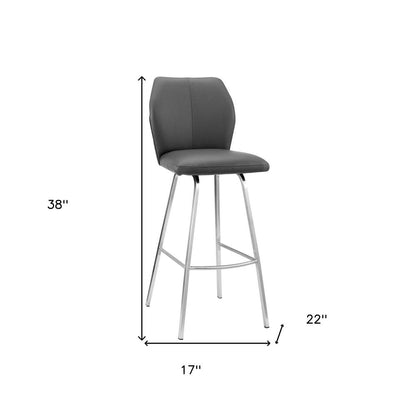 26" Gray And Silver Faux Leather And Iron Counter Height Bar Chair HomeRoots