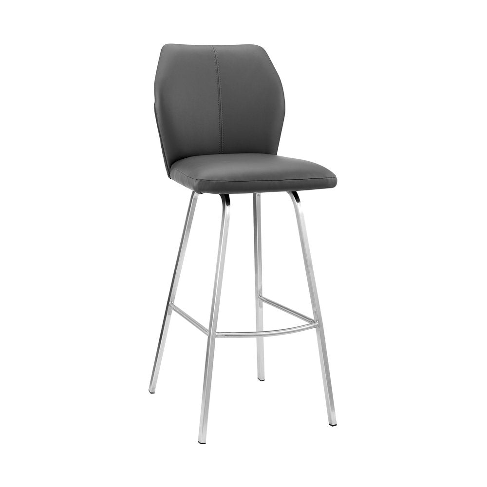26" Gray And Silver Faux Leather And Iron Counter Height Bar Chair HomeRoots