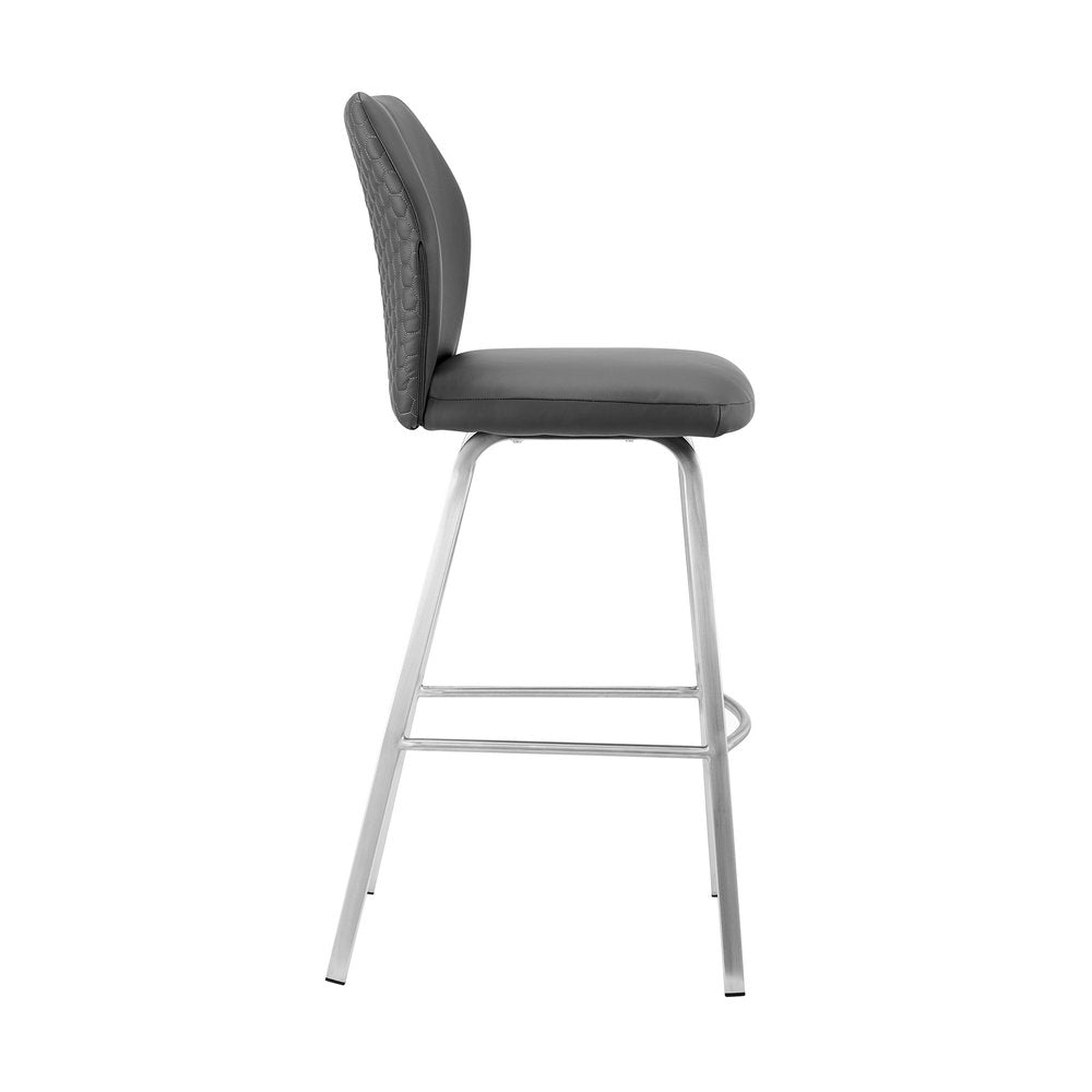 26" Gray And Silver Faux Leather And Iron Counter Height Bar Chair HomeRoots