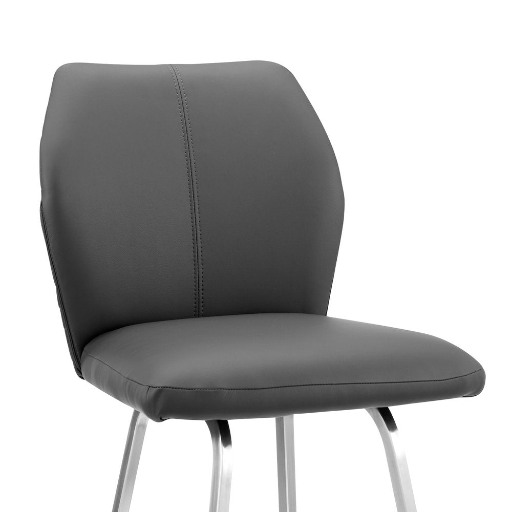 26" Gray And Silver Faux Leather And Iron Counter Height Bar Chair HomeRoots