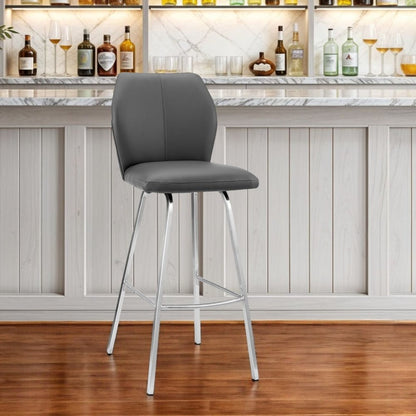 26" Gray And Silver Faux Leather And Iron Counter Height Bar Chair HomeRoots