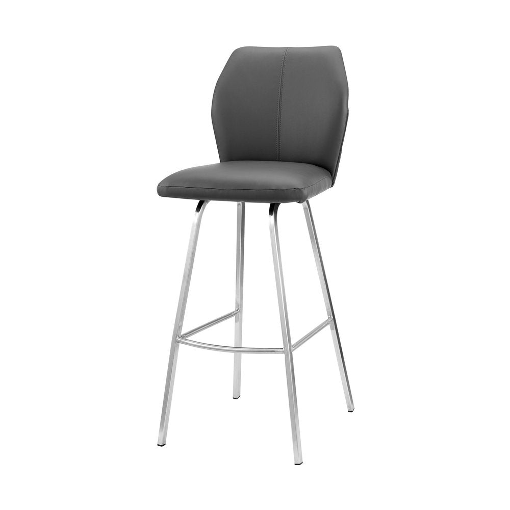 26" Gray And Silver Faux Leather And Iron Counter Height Bar Chair HomeRoots
