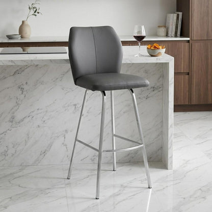 26" Gray And Silver Faux Leather And Iron Counter Height Bar Chair HomeRoots