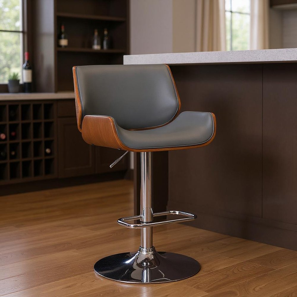 Gray And Silver Fabric And Iron Low Back Adjustable Height Swivel Bar Chair HomeRoots