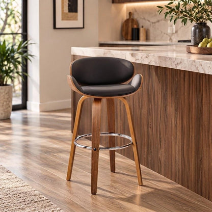 26" Brown Faux Leather And Fabric And Iron Low Back Counter Height Swivel Bar Chair