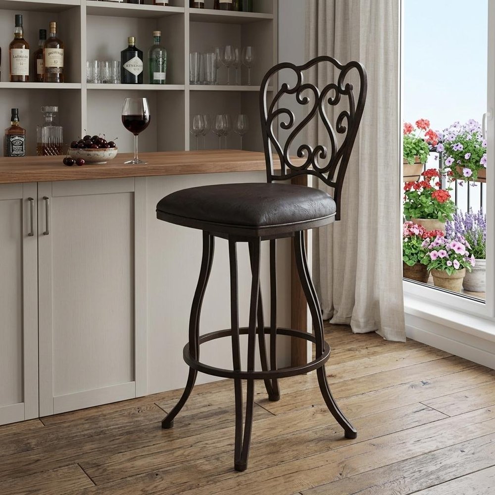 30" Espresso Fabric And Iron Bar Height Swivel Bar Chair HomeRoots