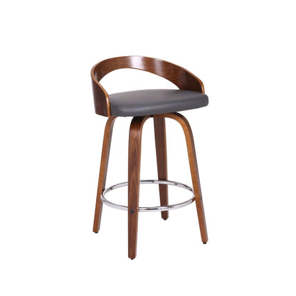 26" Gray And Brown Faux Leather And Fabric And Iron Low Back Counter Height Swivel Bar Chair HomeRoots