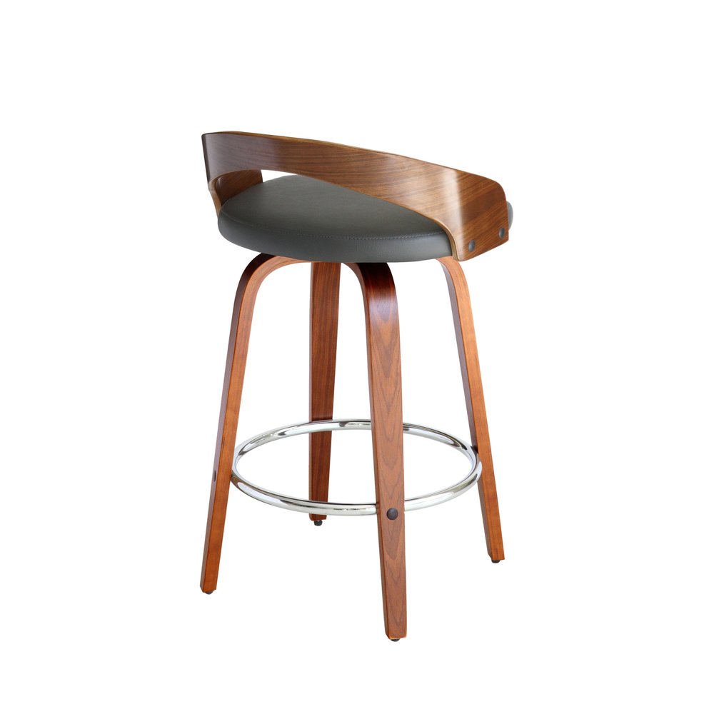 26" Gray And Brown Faux Leather And Fabric And Iron Low Back Counter Height Swivel Bar Chair HomeRoots