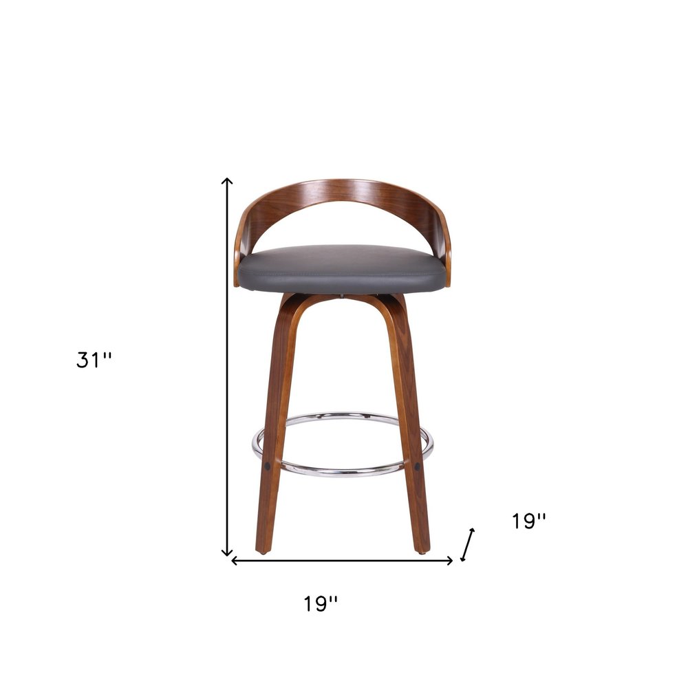 26" Gray And Brown Faux Leather And Fabric And Iron Low Back Counter Height Swivel Bar Chair HomeRoots