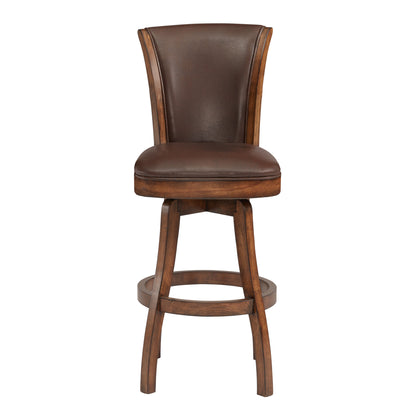 26" Brown And Chestnut Faux Leather And Solid Wood Swivel Counter Height Bar Chair