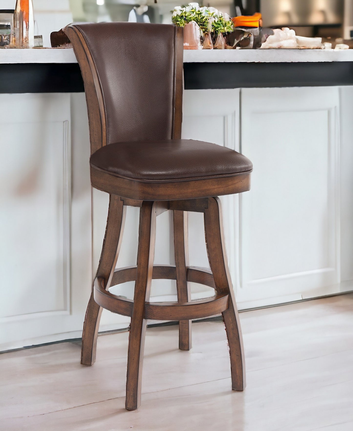 26" Brown And Chestnut Faux Leather And Solid Wood Swivel Counter Height Bar Chair