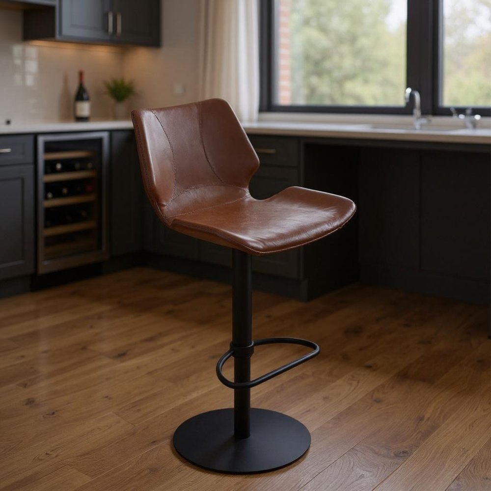 21" Coffee And Black Faux Leather And Fabric And Iron Low Back Adjustable Height Swivel Bar Chair HomeRoots