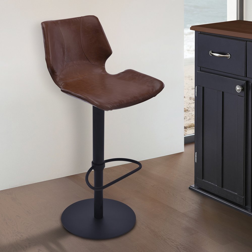 21" Coffee And Black Faux Leather And Fabric And Iron Low Back Adjustable Height Swivel Bar Chair HomeRoots