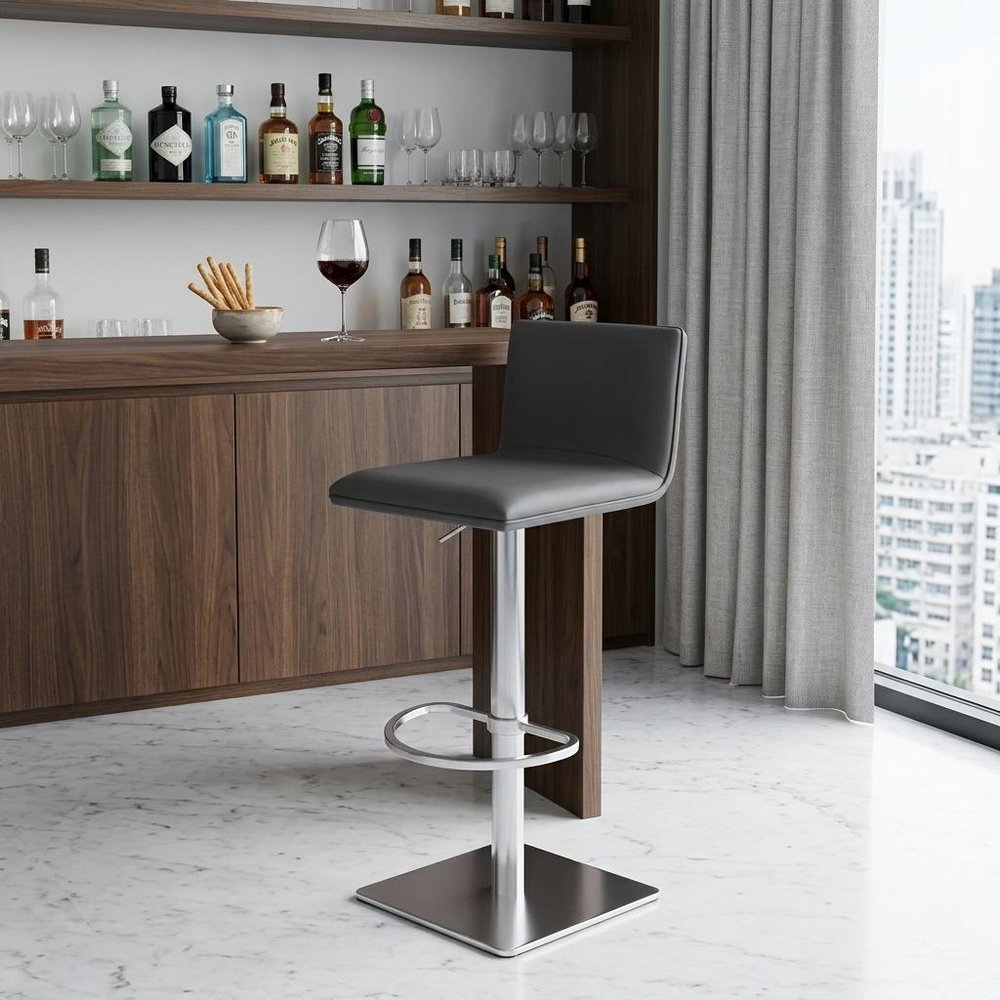 21" Gray And Silver Fabric And Iron Backless Adjustable Height Swivel Bar Chair HomeRoots