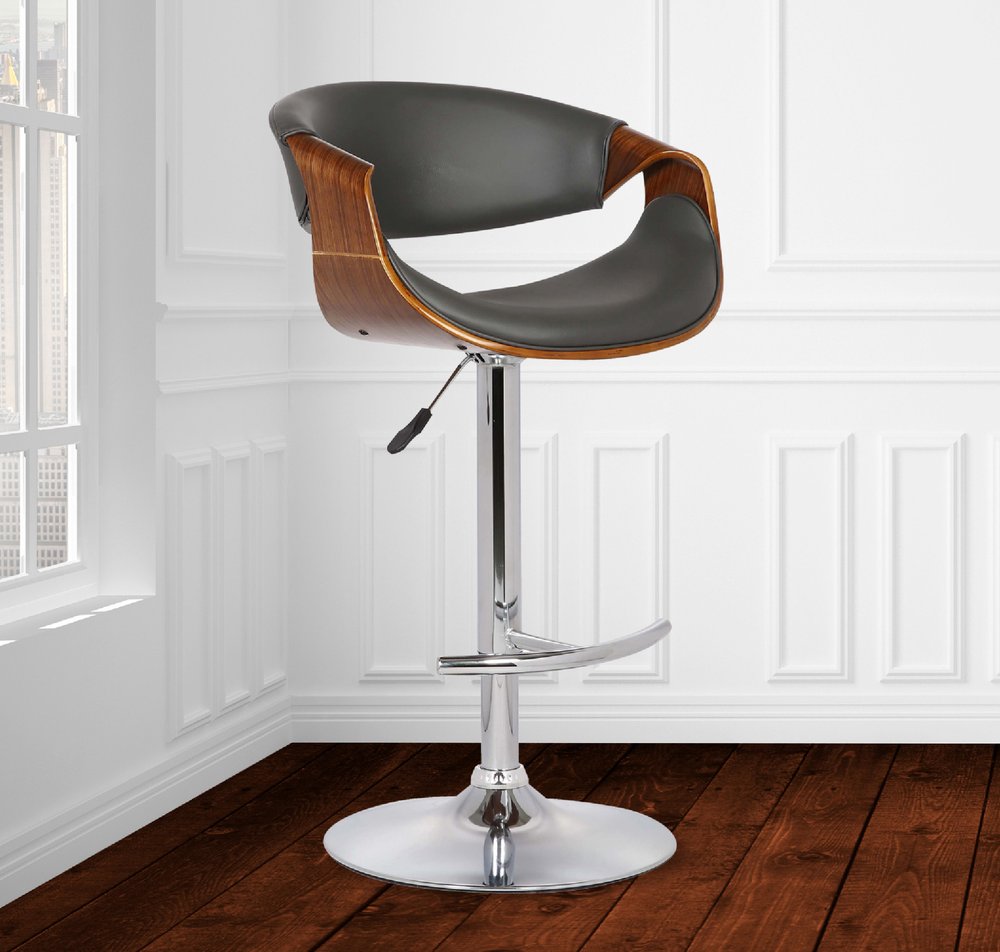 Gray And Silver Fabric And Solid Wood Low Back Adjustable Height Swivel Bar Chair HomeRoots
