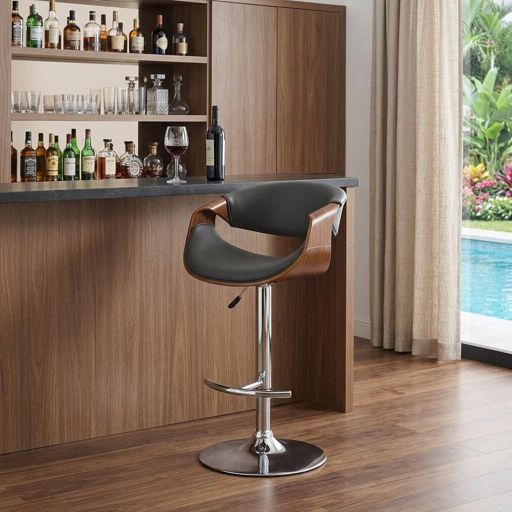 Gray And Silver Fabric And Solid Wood Low Back Adjustable Height Swivel Bar Chair HomeRoots