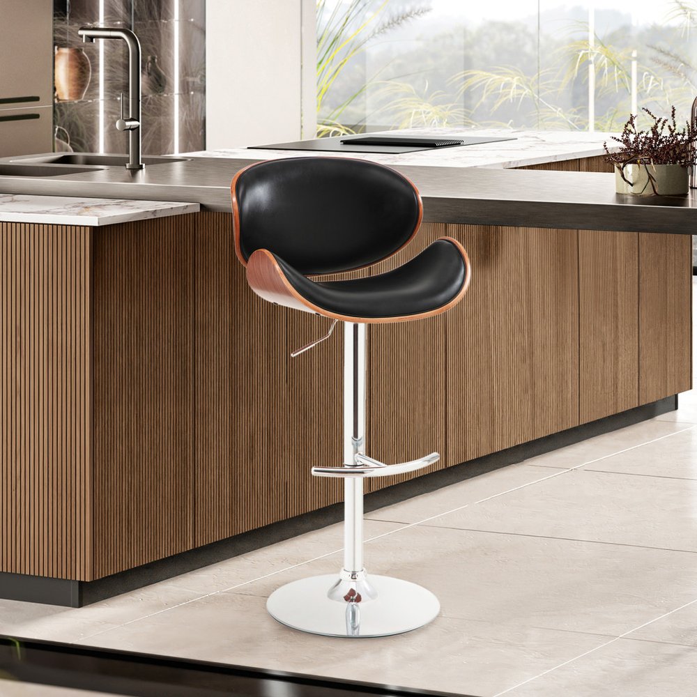 25" Black And Silver Faux Leather And Solid Wood Swivel Low Back Adjustable Height Bar Chair HomeRoots