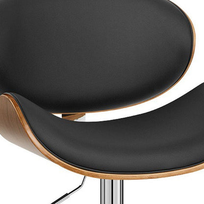 Black And Silver Faux Leather And Fabric And Solid Wood Low Back Adjustable Height Swivel Bar Chair HomeRoots