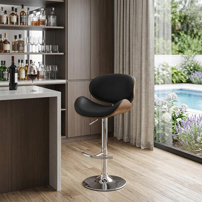 Black And Silver Faux Leather And Fabric And Solid Wood Low Back Adjustable Height Swivel Bar Chair HomeRoots