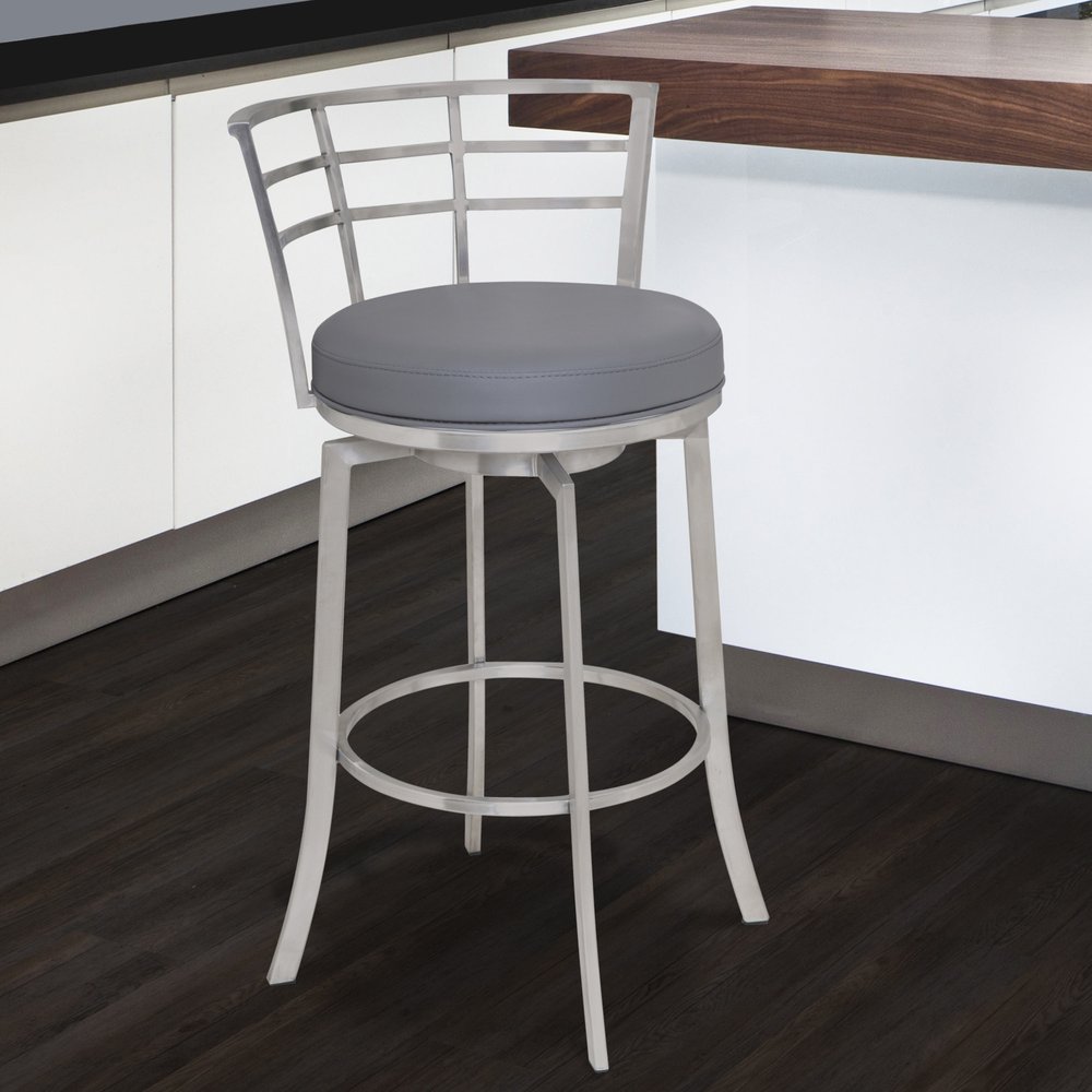 26" Gray And Silver Faux Leather And Fabric And Iron Low Back Counter Height Swivel Bar Chair HomeRoots