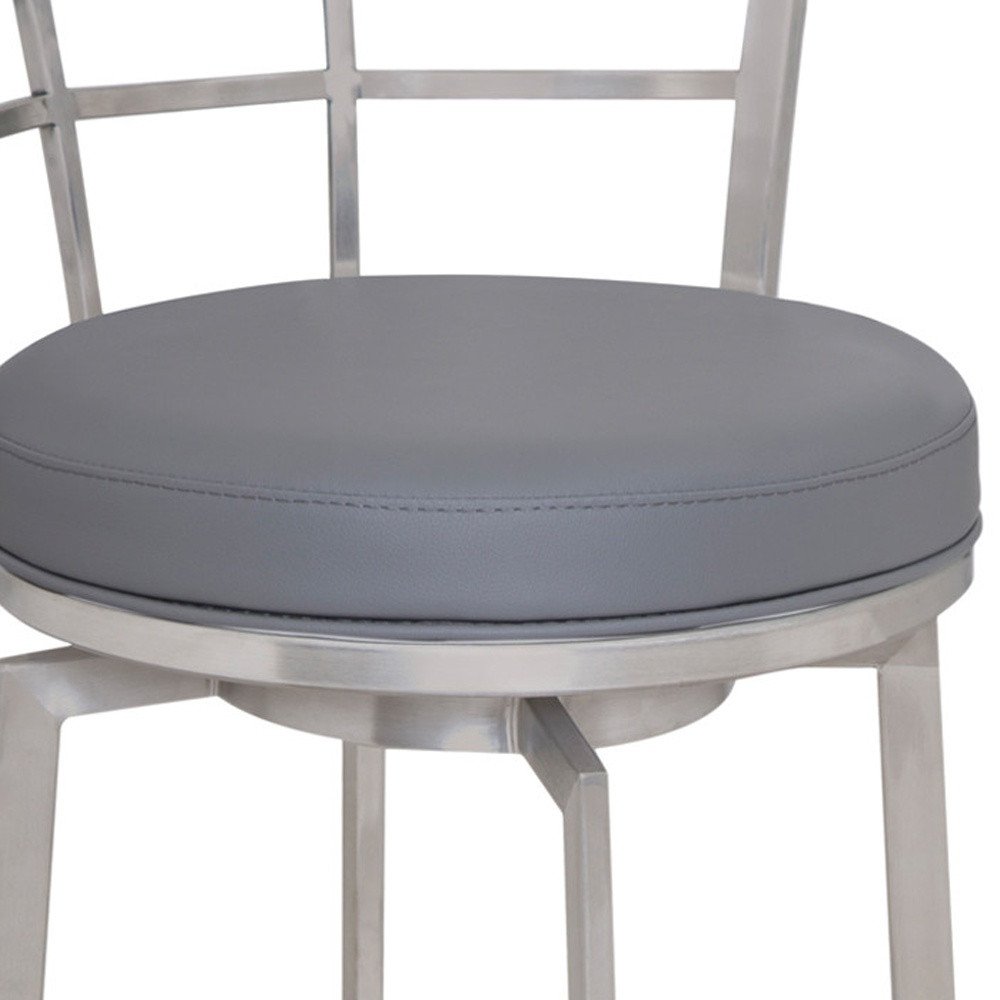 26" Gray And Silver Faux Leather And Fabric And Iron Low Back Counter Height Swivel Bar Chair HomeRoots
