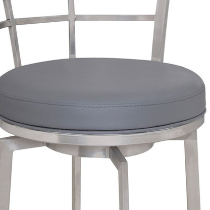 26" Gray And Silver Faux Leather And Fabric And Iron Low Back Counter Height Swivel Bar Chair HomeRoots