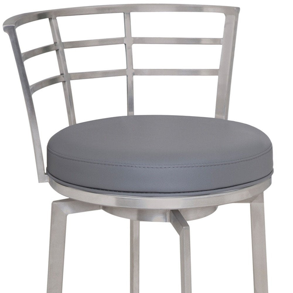 26" Gray And Silver Faux Leather And Fabric And Iron Low Back Counter Height Swivel Bar Chair HomeRoots