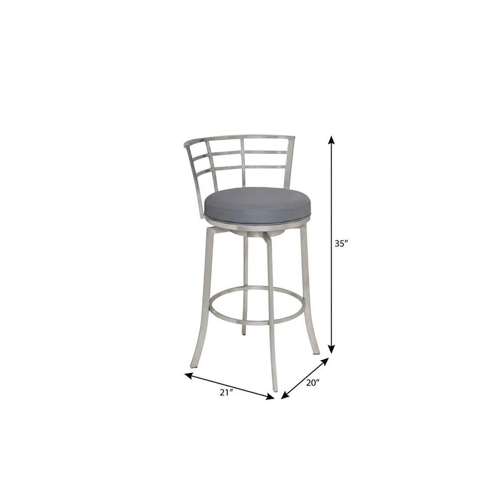 26" Gray And Silver Faux Leather And Fabric And Iron Low Back Counter Height Swivel Bar Chair HomeRoots