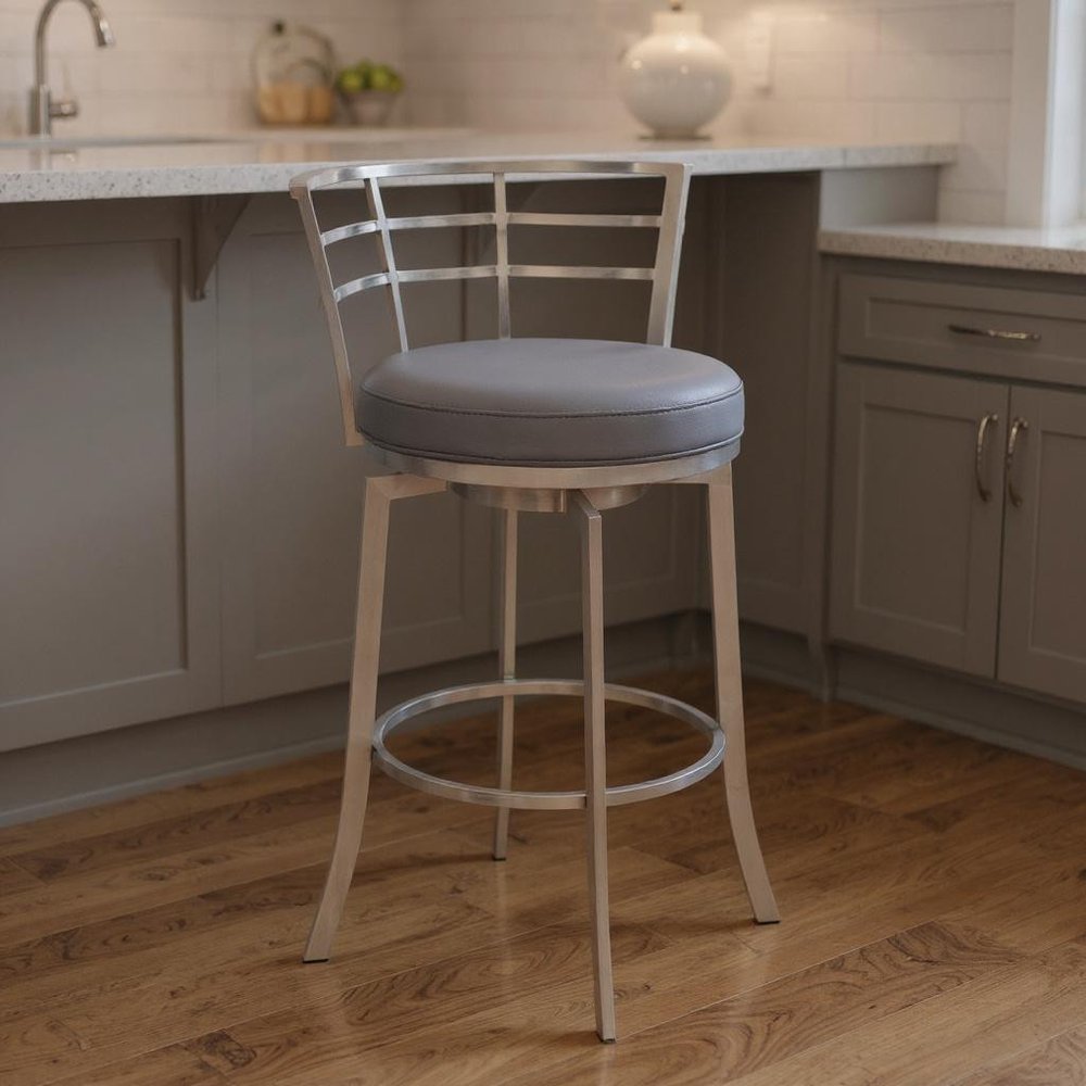 26" Gray And Silver Faux Leather And Fabric And Iron Low Back Counter Height Swivel Bar Chair HomeRoots