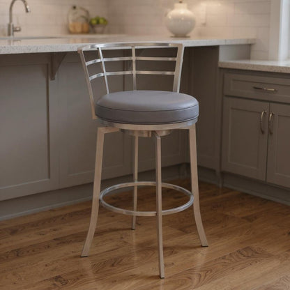 26" Gray And Silver Faux Leather And Fabric And Iron Low Back Counter Height Swivel Bar Chair HomeRoots