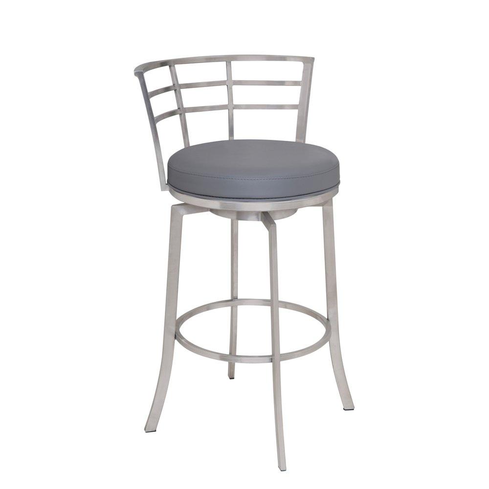 26" Gray And Silver Faux Leather And Fabric And Iron Low Back Counter Height Swivel Bar Chair HomeRoots