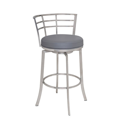 26" Gray And Silver Faux Leather And Fabric And Iron Low Back Counter Height Swivel Bar Chair HomeRoots