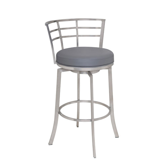 26" Gray And Silver Faux Leather And Fabric And Iron Low Back Counter Height Swivel Bar Chair HomeRoots