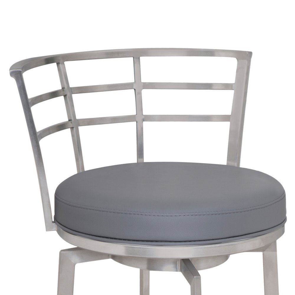 26" Gray And Silver Faux Leather And Fabric And Iron Low Back Counter Height Swivel Bar Chair HomeRoots