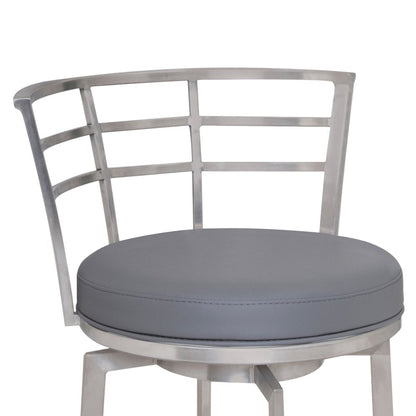 26" Gray And Silver Faux Leather And Fabric And Iron Low Back Counter Height Swivel Bar Chair HomeRoots