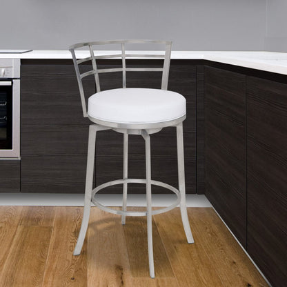 26" White And Silver Faux Leather And Fabric And Iron Low Back Counter Height Swivel Bar Chair HomeRoots
