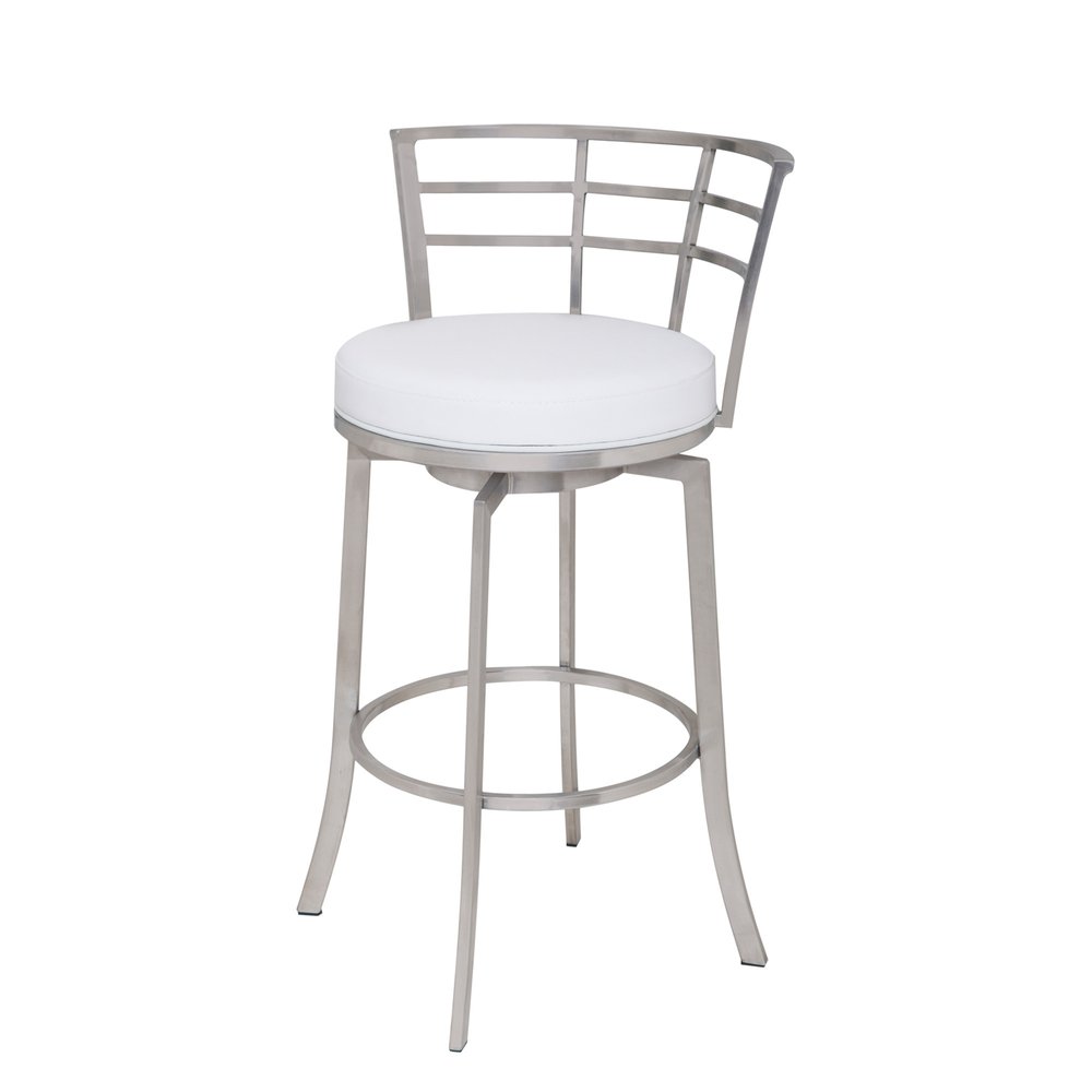 26" White And Silver Faux Leather And Fabric And Iron Low Back Counter Height Swivel Bar Chair HomeRoots