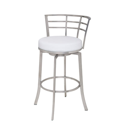26" White And Silver Faux Leather And Fabric And Iron Low Back Counter Height Swivel Bar Chair HomeRoots