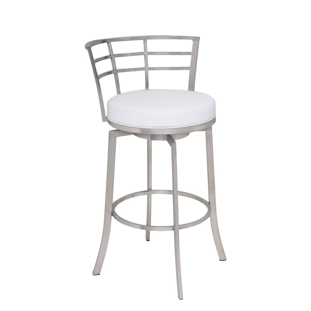 26" White And Silver Faux Leather And Fabric And Iron Low Back Counter Height Swivel Bar Chair HomeRoots