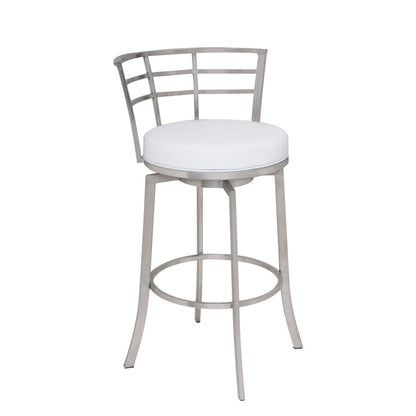26" White And Silver Faux Leather And Fabric And Iron Low Back Counter Height Swivel Bar Chair HomeRoots