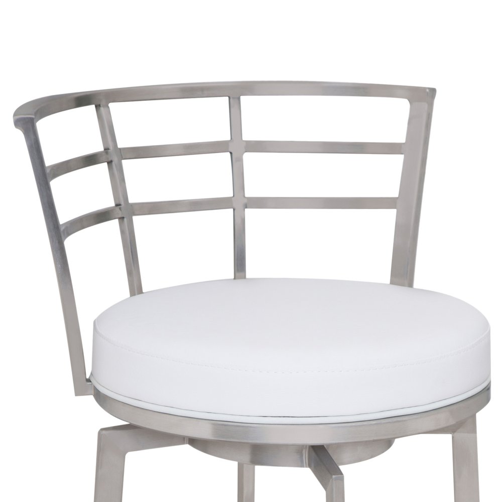26" White And Silver Faux Leather And Fabric And Iron Low Back Counter Height Swivel Bar Chair HomeRoots
