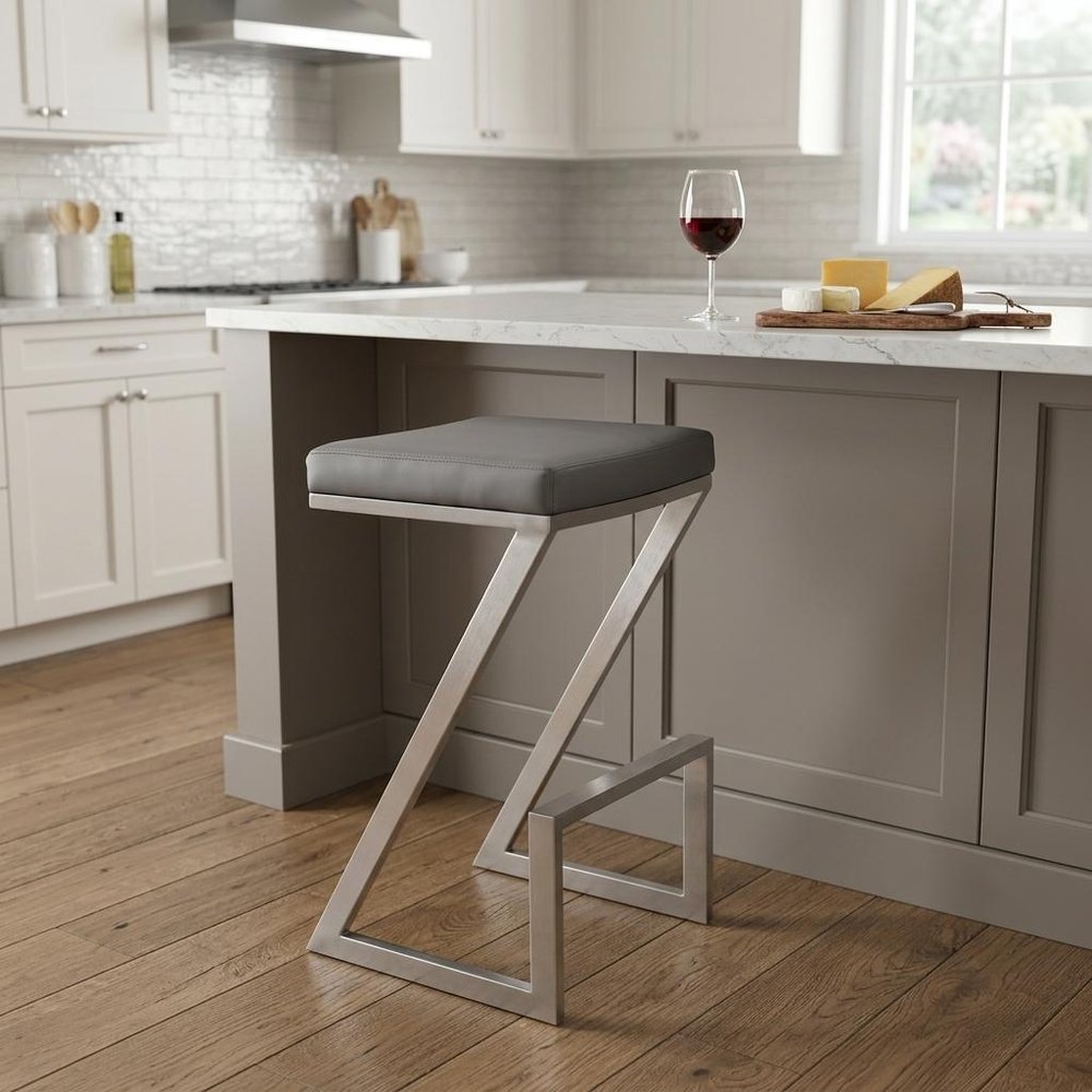 26" Gray And Silver Fabric And Iron Backless Counter Height Bar Chair HomeRoots