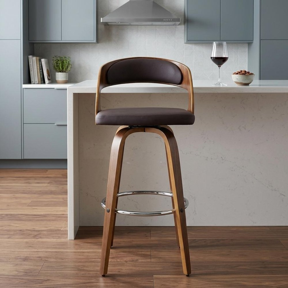 26" Brown Fabric And Solid Wood Low Back Counter Height Swivel Bar Chair HomeRoots