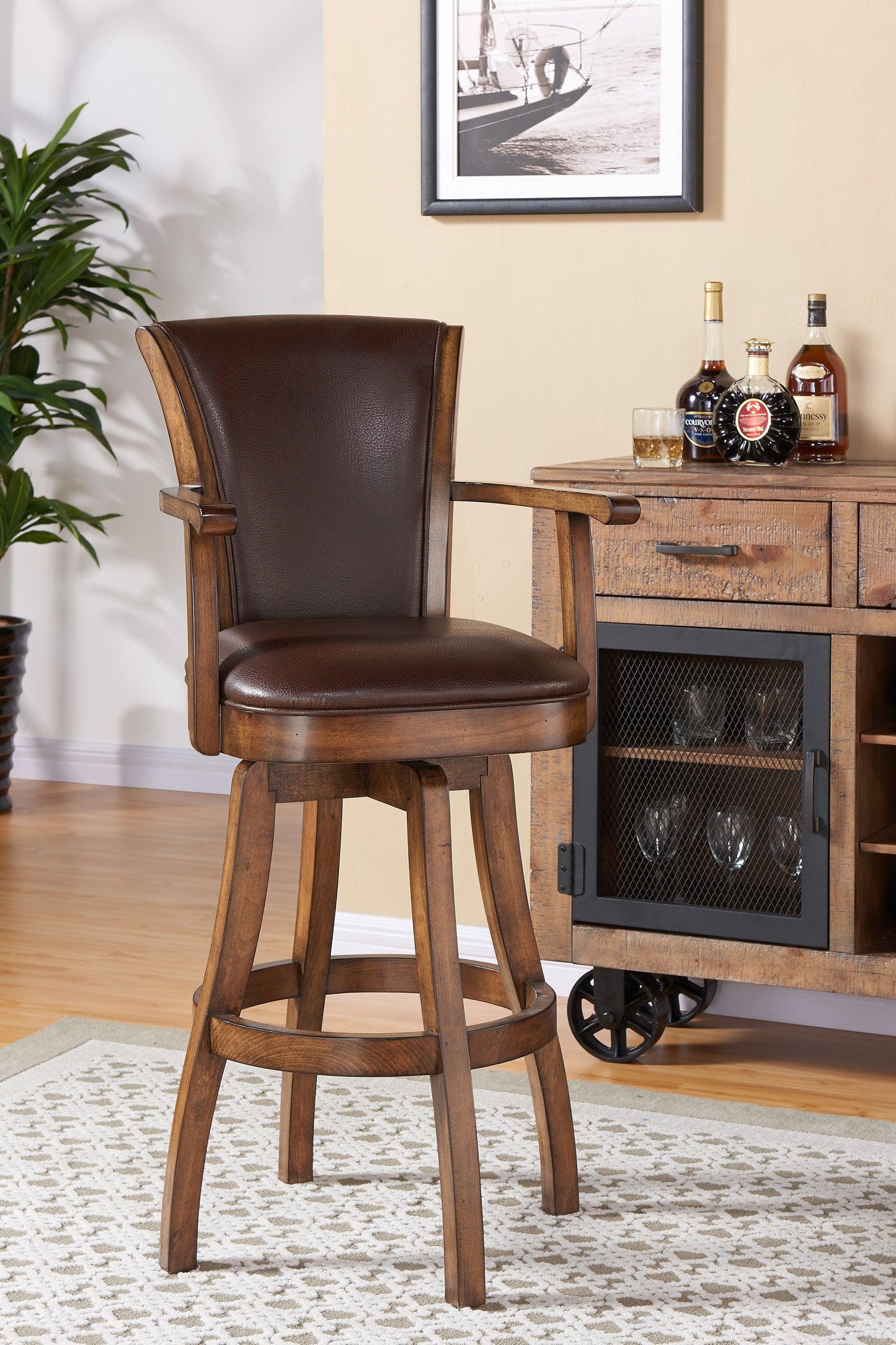 26" Brown And Chestnut Faux Leather And Solid Wood Swivel Counter Height Bar Chair - FurniFindUSA