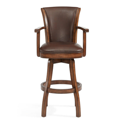 26" Brown And Chestnut Faux Leather And Solid Wood Swivel Counter Height Bar Chair - FurniFindUSA