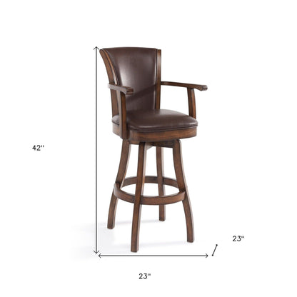 26" Brown And Chestnut Faux Leather And Solid Wood Swivel Counter Height Bar Chair - FurniFindUSA