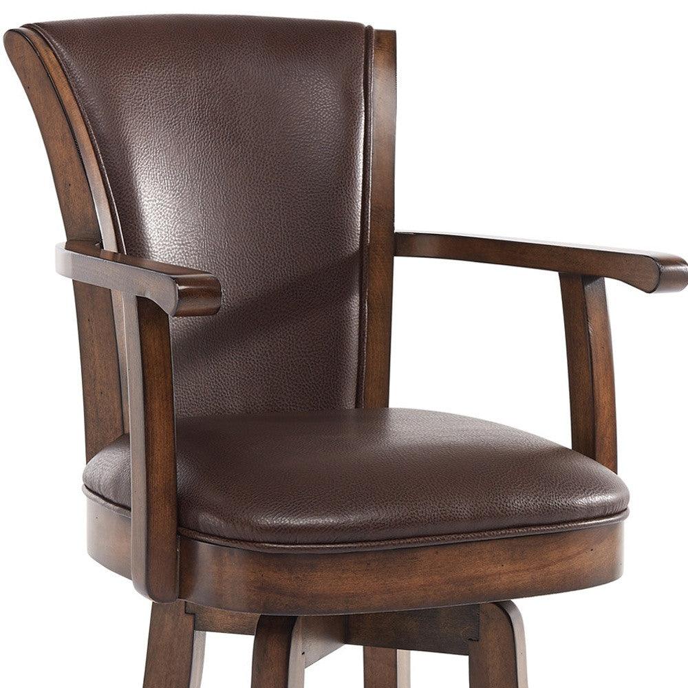 26" Brown And Chestnut Faux Leather And Solid Wood Swivel Counter Height Bar Chair - FurniFindUSA