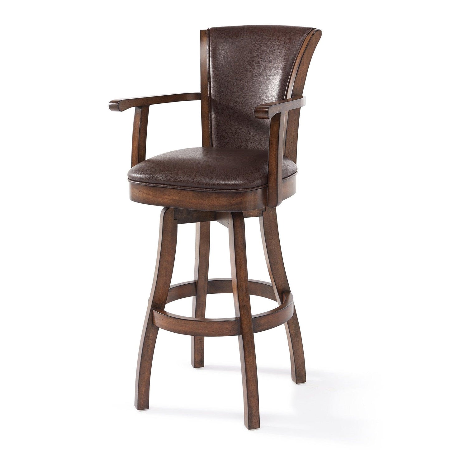 26" Brown And Chestnut Faux Leather And Solid Wood Swivel Counter Height Bar Chair - FurniFindUSA